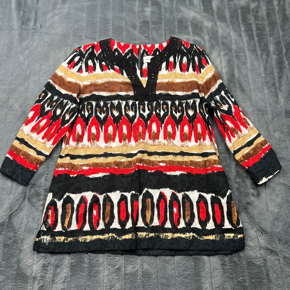 Alfred Dunner Womens 10 Red Black Tribal Ikat Print Cotton 3/4 Sleeve Top 14897
